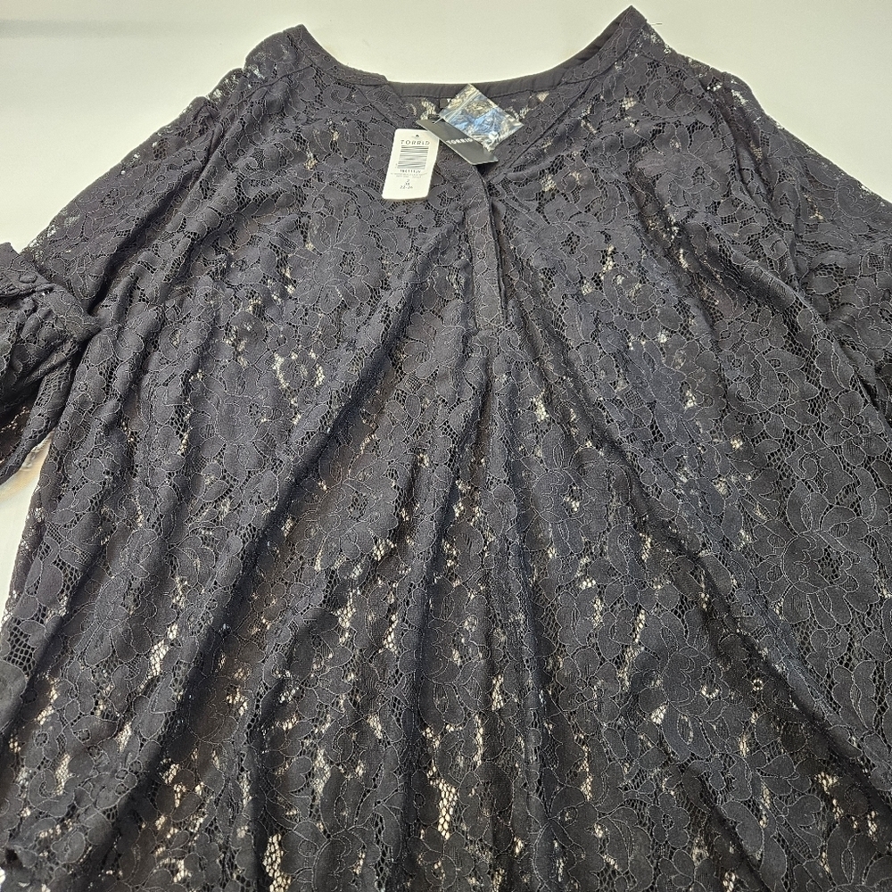Torrid Harper Lace Pullover Long Sleeve Blouse Floral Sheer in Deep Black 3X NWT